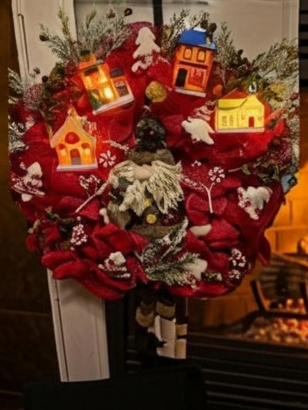 Holiday Red Wreath with Light-Up Village Accents